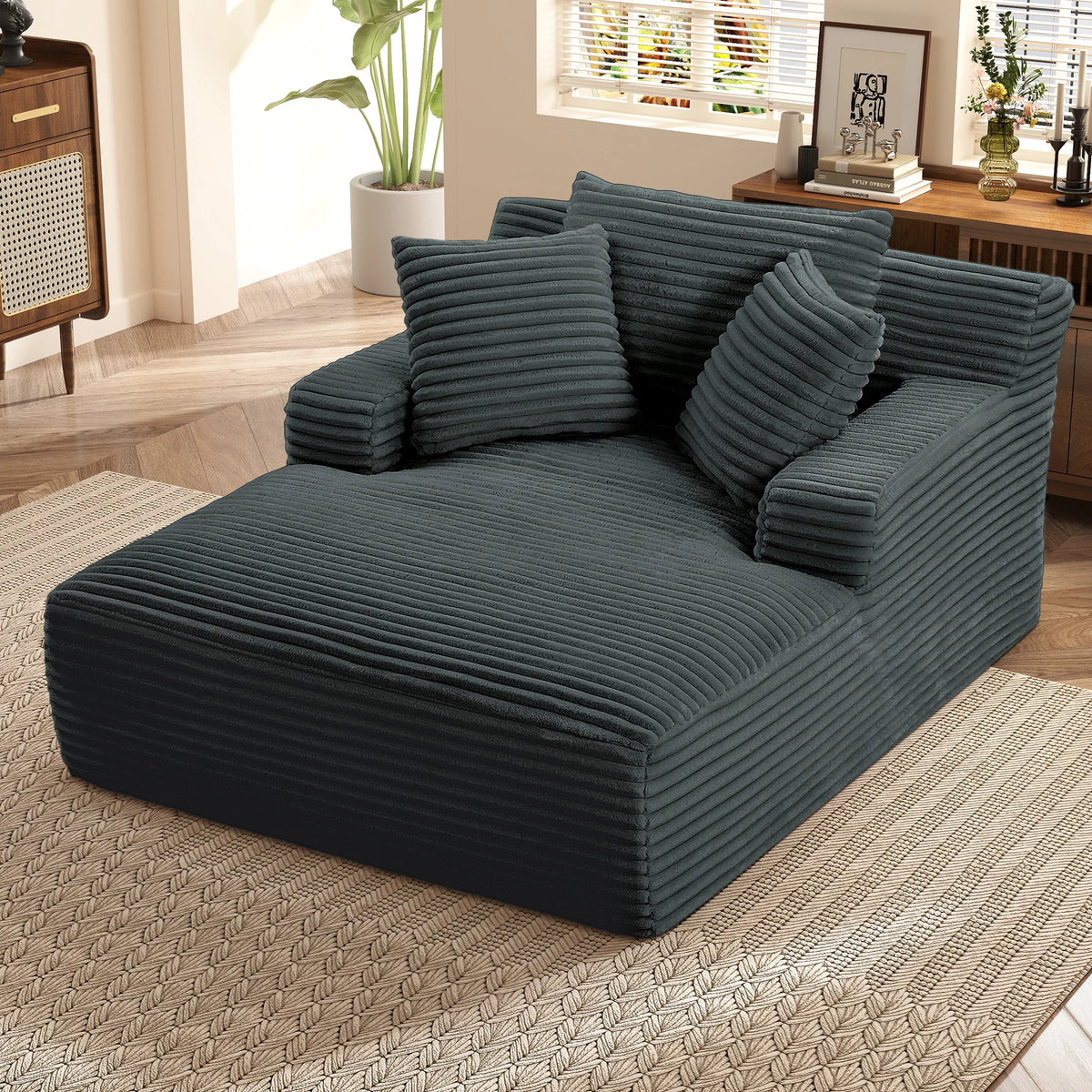 66" Oversized Chaise Lounge Chair Corduroy Oversized Boneless Couch Sofa Bed Reading Chair Sleeper Chaise with 3 Pillows, Blue