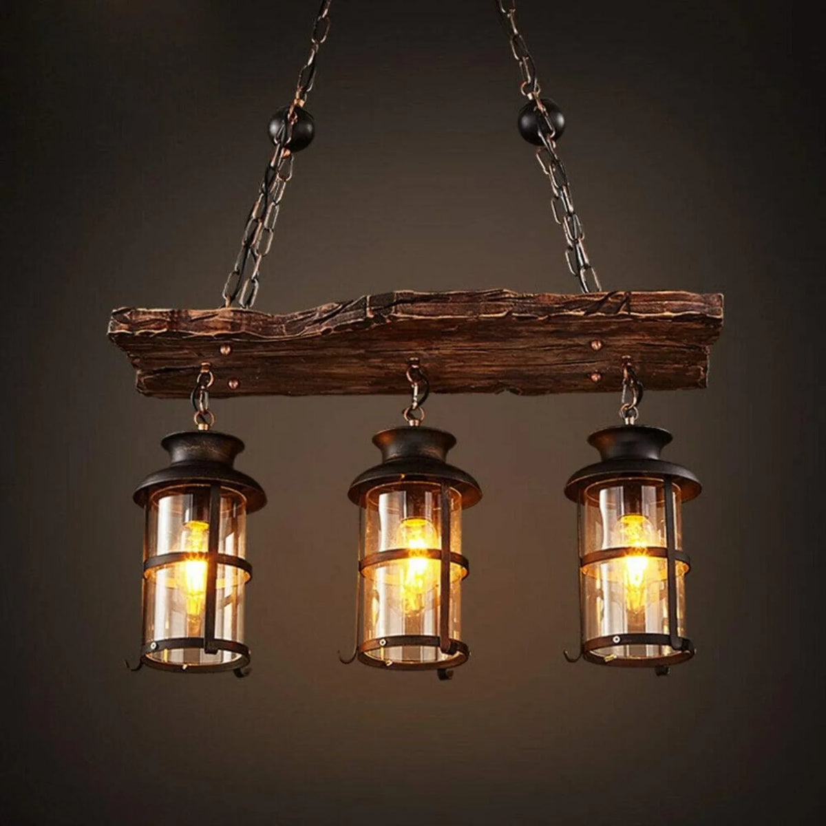 3 Light Industrial Wooden Hanging Lighting with Glass Shade Black Metal Chandelier Farmhouse Vintage Pendant Lamp E27/E26 for for Living Room Dining Room Kitchen Island Bar (Bulbs Not Included)