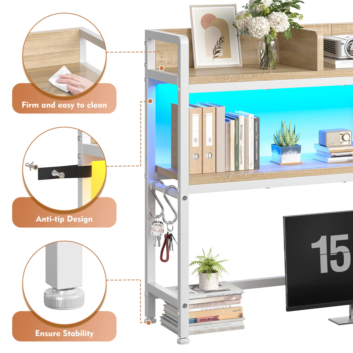 35.5" Desk Shelf With LED Lights And Hooks, 2-Tier Adjustable Multipurpose Solid Wood Desk Hutch Dorm, Desktop Organizer Rack With 3 Display Rack For Dorm, Office Home
