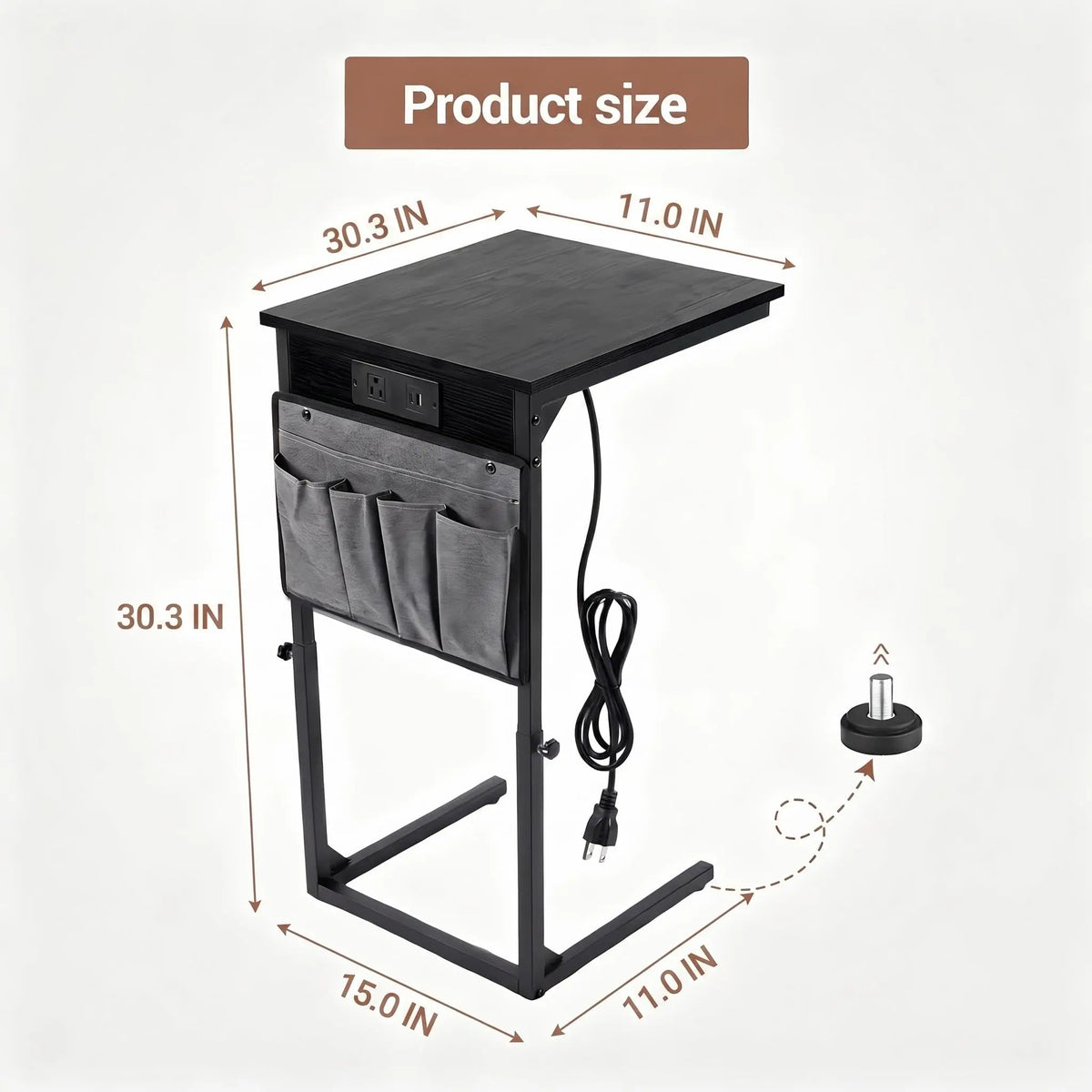C-Shaped End Table with Charging Station and Power Outlet, Adjustable Height 18-32 Inch Couch Side Table with Hanging Organizer, Multi-Functional Bedside Table for Living Room, Bedroom, Office