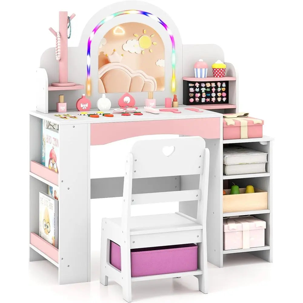 Kids Vanity, Girls Vanity Set with Lighted Mirror, Bookshel, lry Storage, Toddler Makeup Vanity Desk Dring Table, Wooden Kids Va