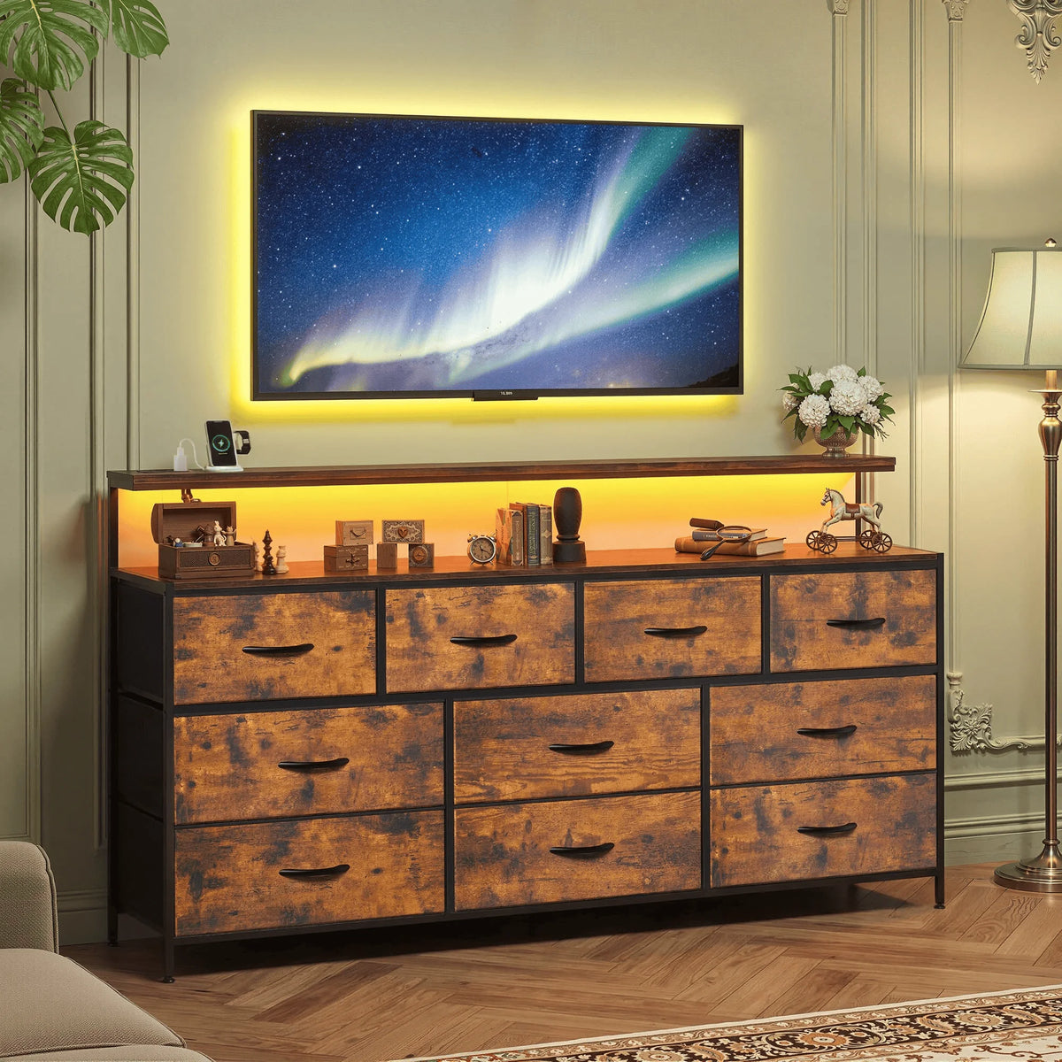 EnHomee 55" Multi-Function Dresser – 10 Spacious Fabric Drawers (Long Drawers), LED Lighting & AC Outlets, Metal Frame – For Bedroom or Hallway