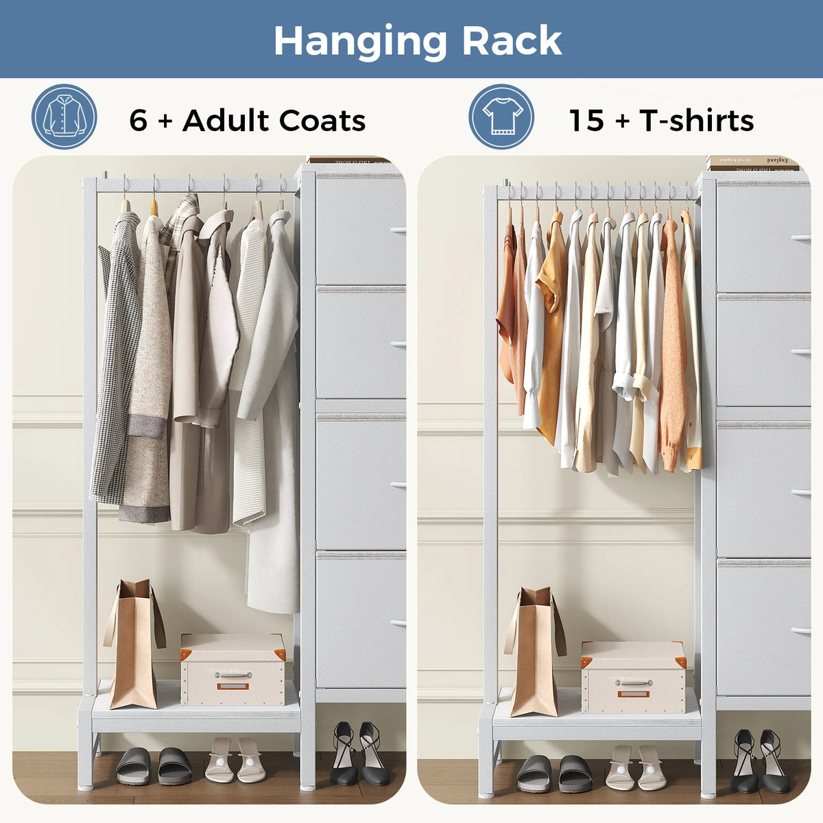 MCQ 4 Drawers Fabric Cabinet with Hanging Rack Living Room Beside Nightstand Dresser Tables with Clothes Rack Storage Closet Chest Clothes Display Of Furniture