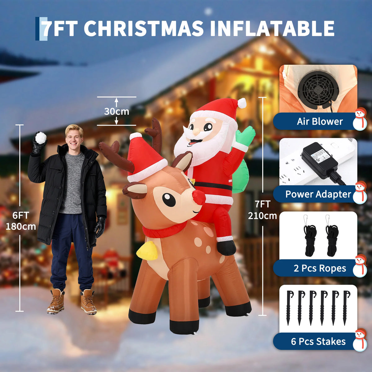 7FT Giant Inflatable Santa Claus with Reindeer Outdoor Christmas Decoration Built In LED Lights Weatherproof Polyester for Lawn Garden Indoor Holiday Party Winter Festival Yard Display Props