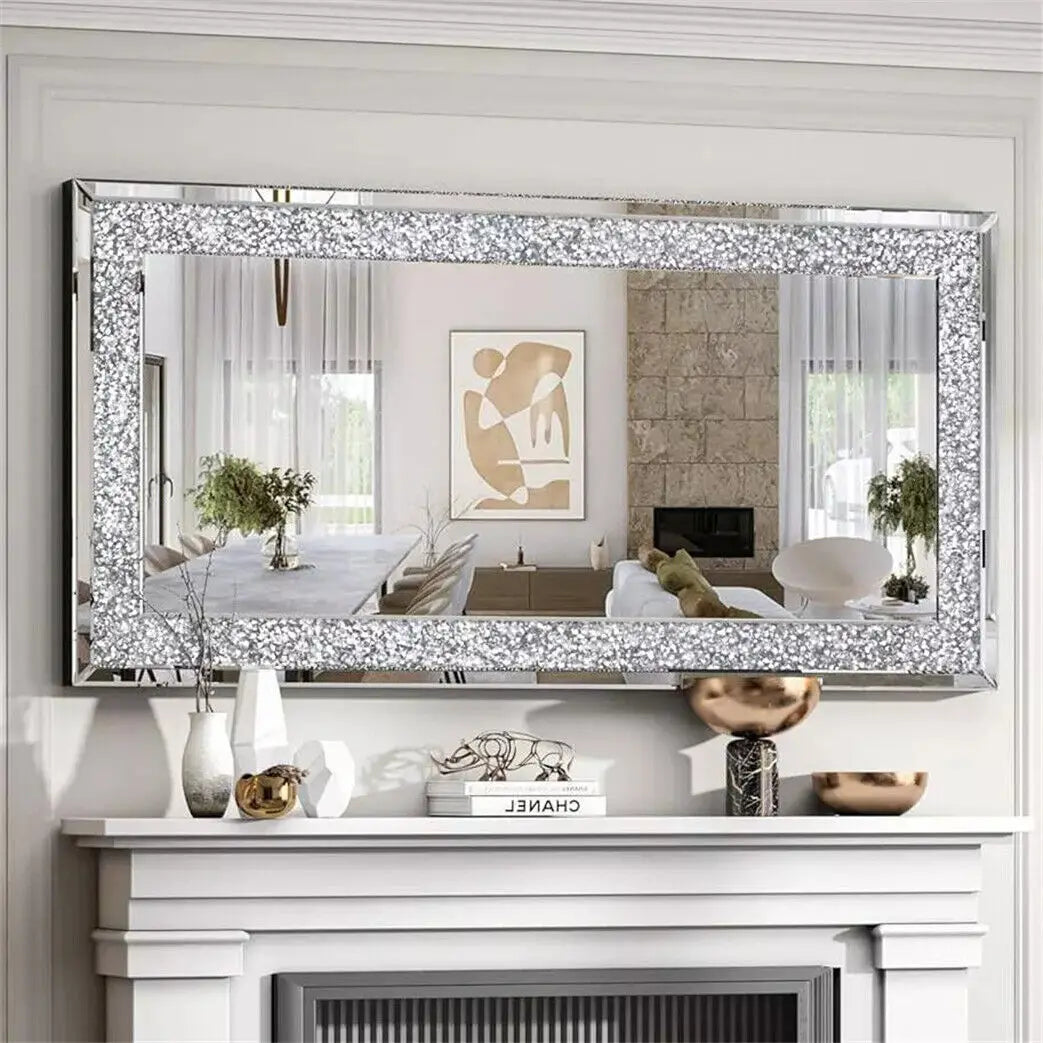 120x60CM Crystal Crush Diamond Wall Mirror Gorgeous RectangleSilver Mirrors for Bathroom, Bedroom, Dining Room and Living Room