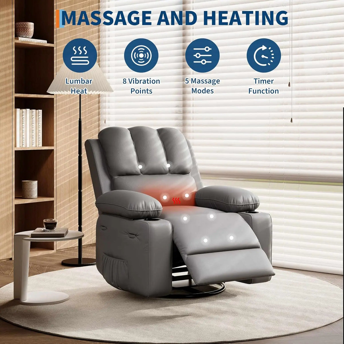 TACLEEKII Swivel Rocker Recliner Chair With Heat Massage Cup Holders