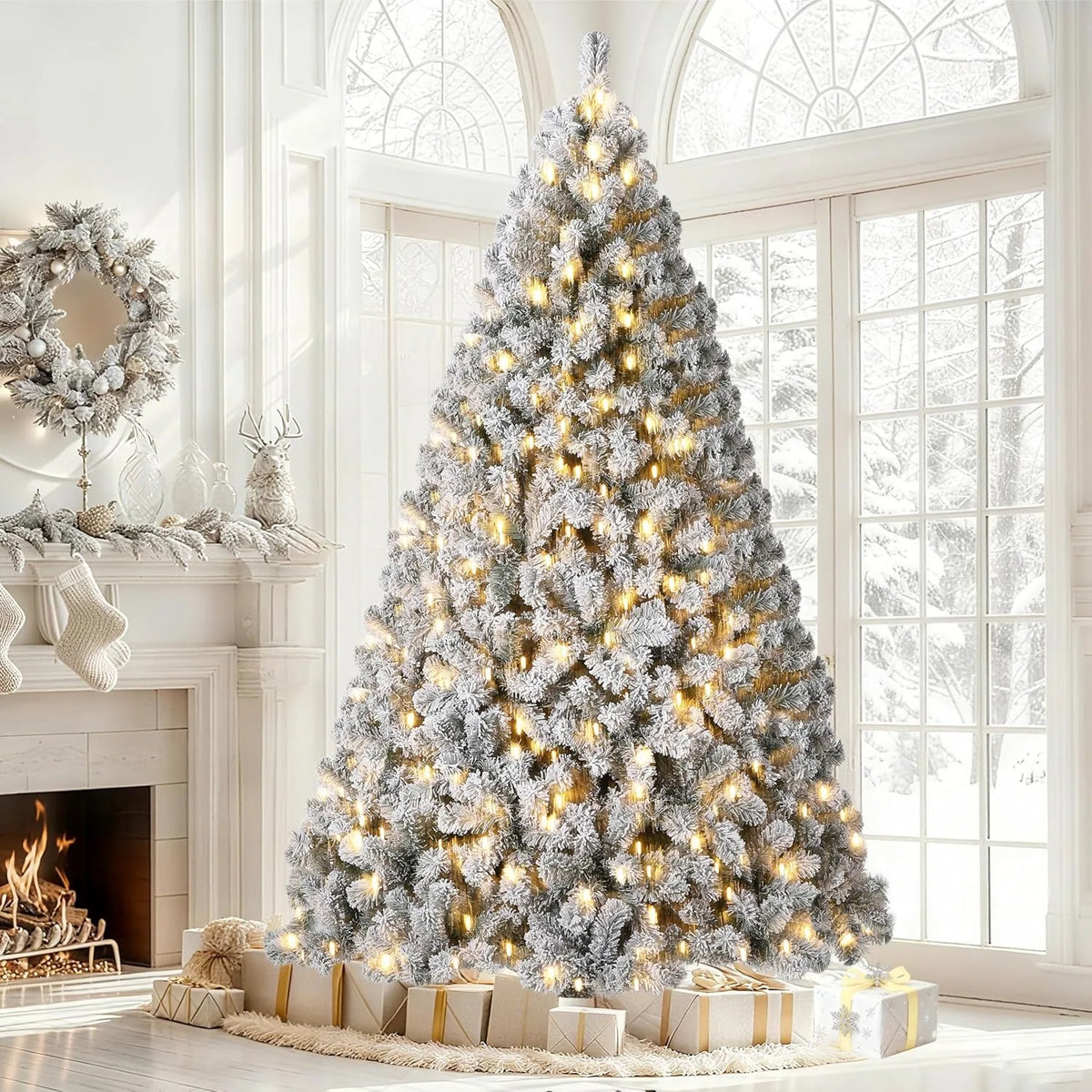 Snow Flocked Pre Lit Artificial Christmas Tree with 400 Built In Lights 6 FT or 7.5 FT PVC Branch Tips Hinged Design Flame Retardant Material Sturdy Base Indoor Xmas Decor