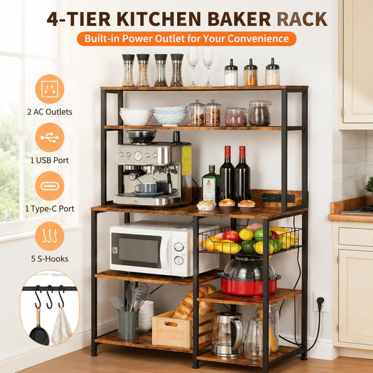 Kitchen Baker Rack With Power Outlet Four Tier Storage Stand