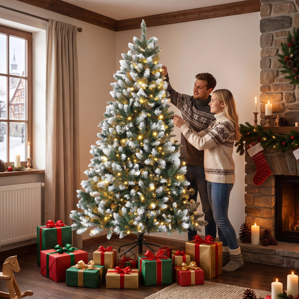 HOMCOM 7.5ft Pre-lit Artificial Christmas Tree, White-Tipped Hinged Full Xmas Tree with 1378 Tips, 11 Modes, 400 LED Lights, Remote, Foldable Metal Stand, Home Office Holiday Decoration