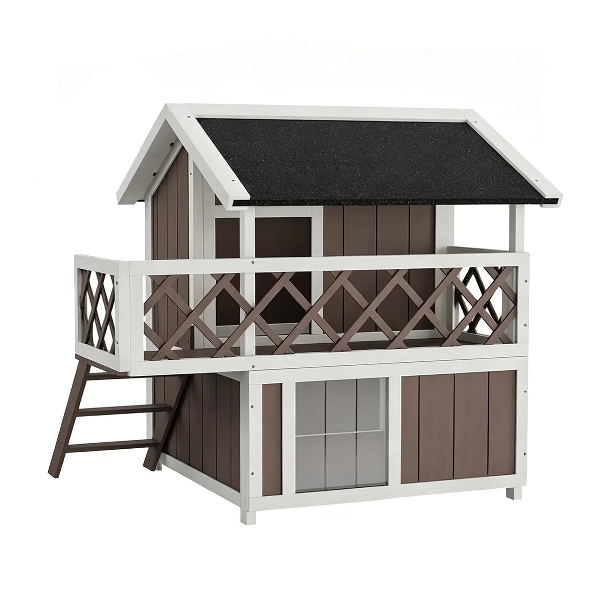 Wooden 2-Level Cat House Outdoor Indoor Weatherproof Shelter With Shade Balcony Side Stairs Guardrails Raised Floor For Cats