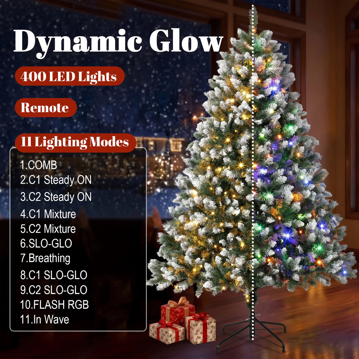HOMCOM 7.5ft Pre-lit Artificial Christmas Tree, White-Tipped Hinged Full Xmas Tree with 1378 Tips, 11 Modes, 400 LED Lights, Remote, Foldable Metal Stand, Home Office Holiday Decoration