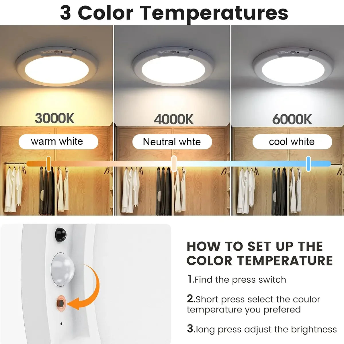 8/4Pack Motion Sensor Ceiling Light with Remote Rechargeable 10000mAh Battery Magnetic Wireless for Closet Shower Stairs Shed Hallway Porch Patio 3000K 4000K 6000K