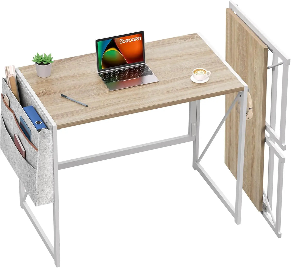 31.5" Folding Computer Desk Space-Saving Compact Home Office Writing Desk Side Storage Pocket & 2 Headphone Hooks Collapsible Computer Writing Table for Home Office, Bedroom, Balcony