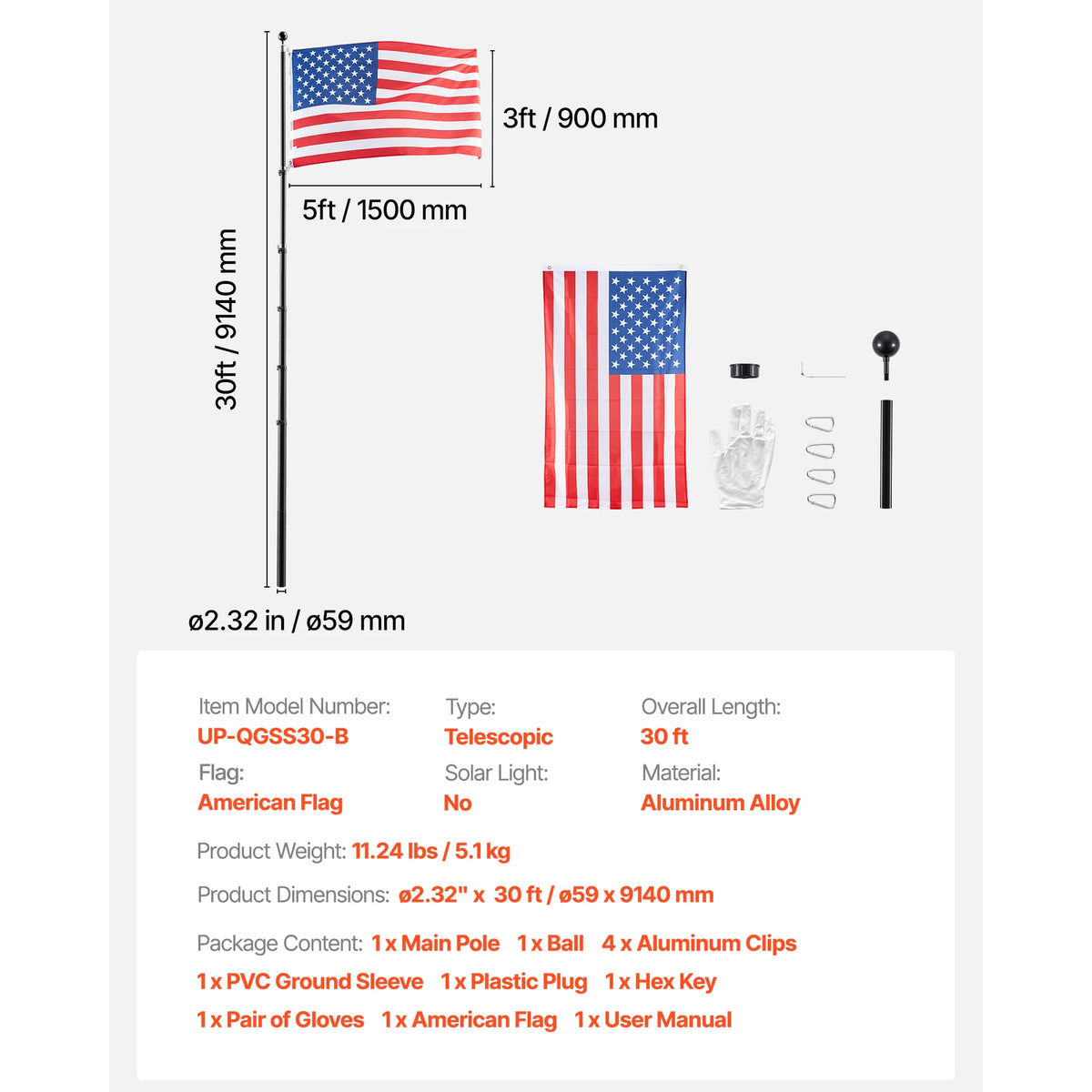 VEVOR Aluminum Flagpole Kit With American Flag For Yard