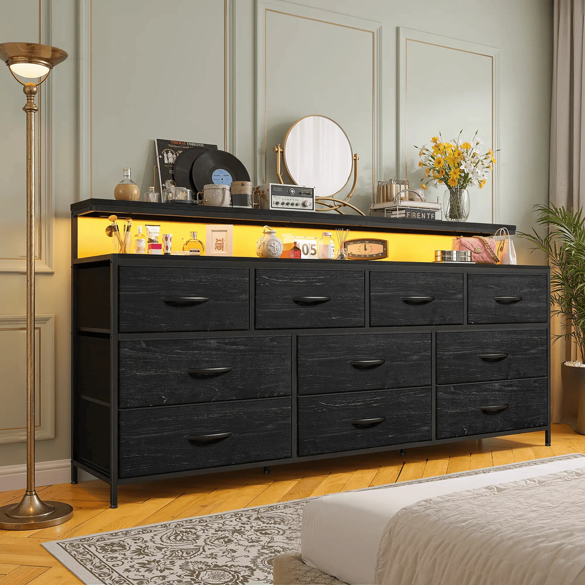 EnHomee 55" Multi-Function Dresser – 10 Spacious Fabric Drawers (Long Drawers), LED Lighting & AC Outlets, Metal Frame – For Bedroom or Hallway