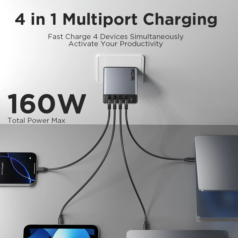 PISEN 160W GaN Charger 4 USB C Port & 1.8m Fast Charging Cable PD3.1 Quick Charger for MacBook Laptop Tablet iPhone Samsung iPad