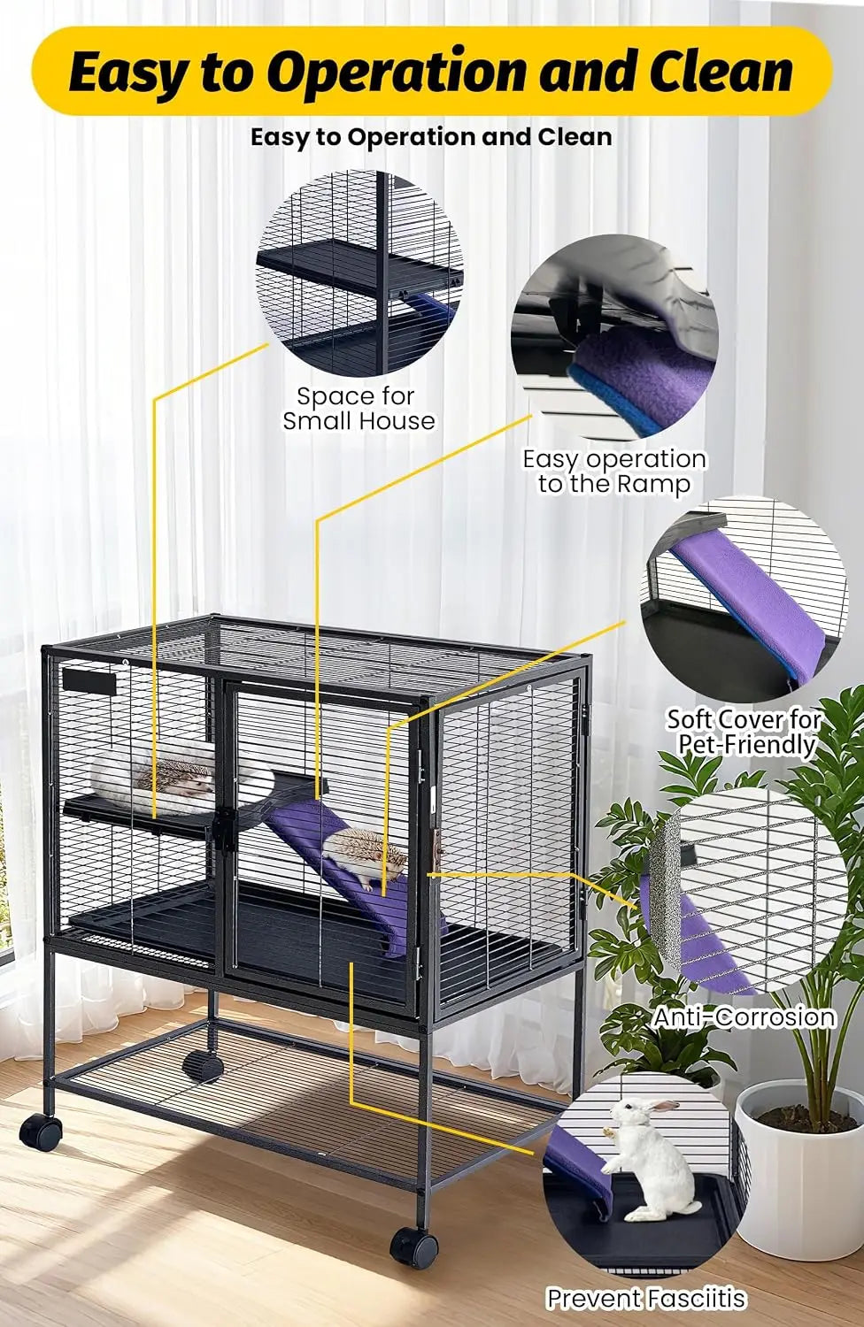 39" Multi-Level Metal Small Animal Cage – Large Ferret & Hamster Enclosure with Ramp, Storage Stand & Removable Tray for Chinchilla, Rabbit