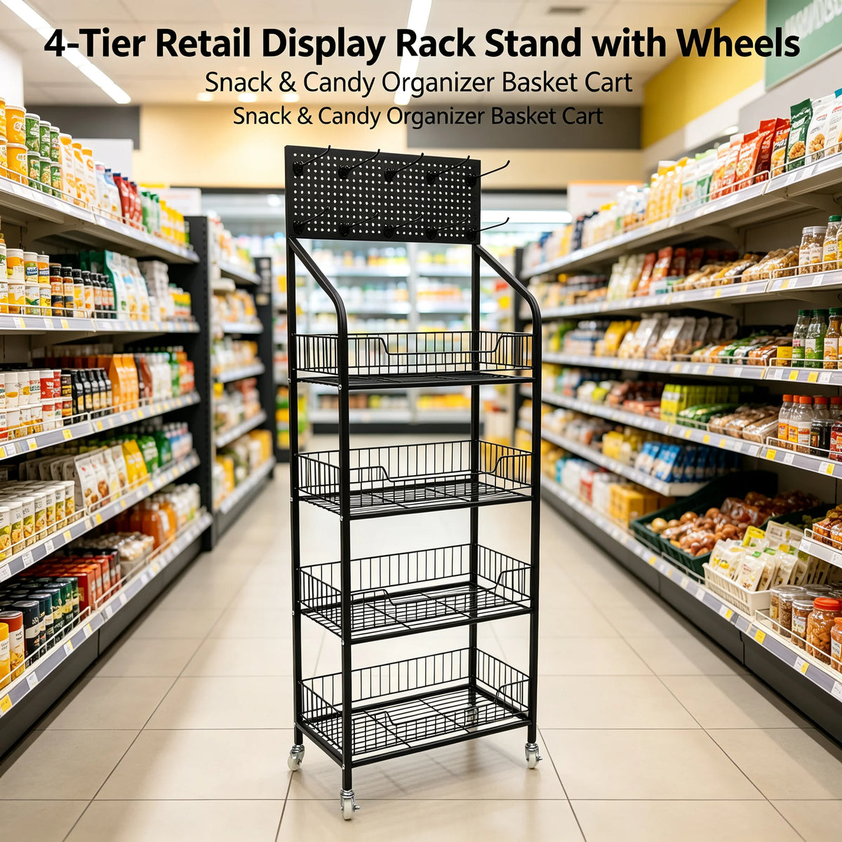 4-Tier Retail Display Rack Stand with Wheels, Snack Candy Organizer Basket Cart with 10 Hooks, 22 lbs Capacity per Shelf for Supermarket Bakery Store, Black