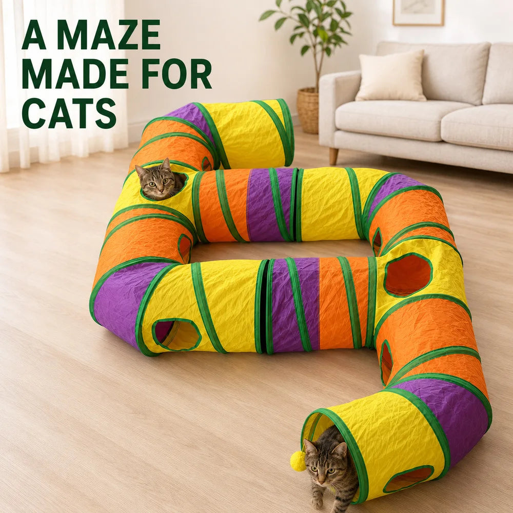 Zoe Extra Long Cat Tunnel Maze For Indoor Cats Double E Shaped Connectable Foldable Play Tunnel With Multiple Peek Holes Zipper Connection Two Hanging Pom Poms And Seven Interactive Toys For Kittens And Multi Cat Homes