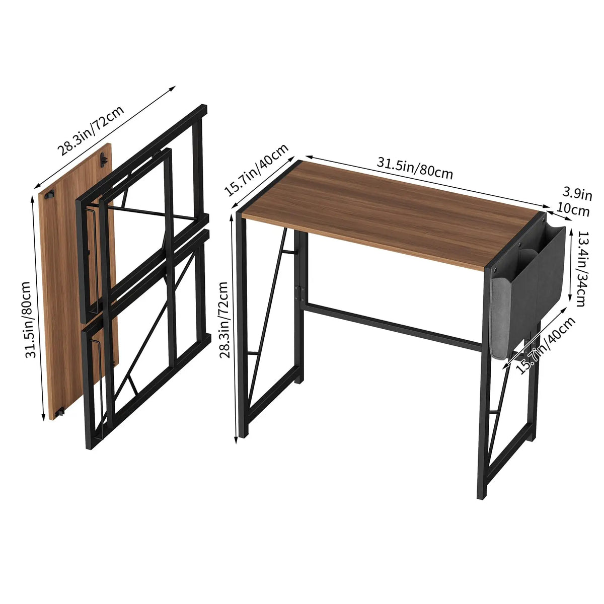 31.5" Folding Computer Desk Space-Saving Compact Home Office Writing Desk Side Storage Pocket & 2 Headphone Hooks Collapsible Computer Writing Table for Home Office, Bedroom, Balcony