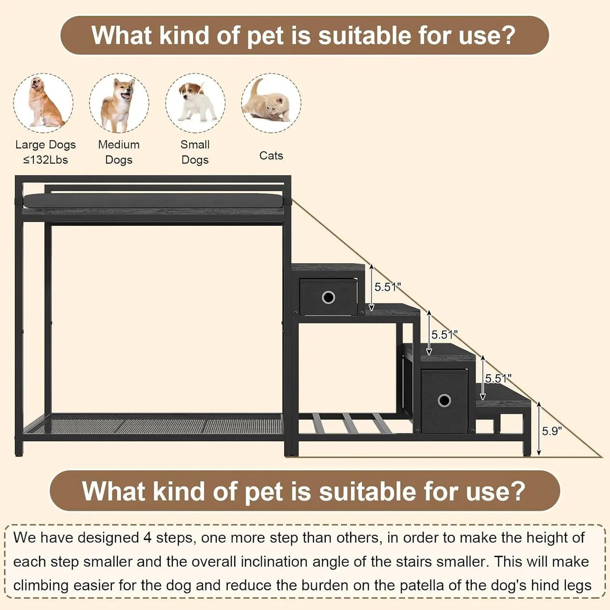 Pet Bunk Bed with 2 Drawers & Removable 4-Step Stairs, Dog/Cat Window Perch with Soft Cushion, Non-Slip Metal Frame, 60 LBS Capacity