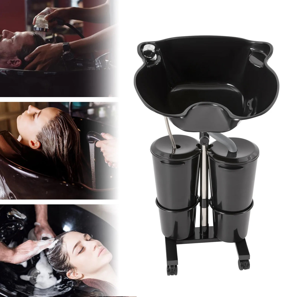 Portable Shampoo Basin with 2 Water Buckets, 30cm Deep Salon Hair Washing Sink, Adjustable Height Angle Mobile Shampoo Bowl Unit