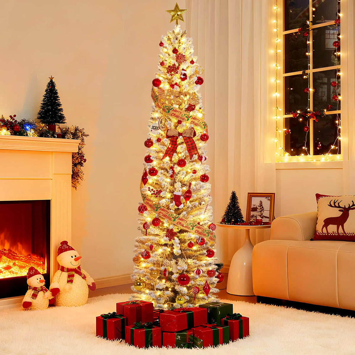 6-9FT Pencil Christmas Tree Pre-Lit Frosted Artificial Tree Skinny Xmas Trees Holiday Decoration, with LED Light and Metal Base 2026 Saving Holiday Decor for Home, Office, Indoor/Outdoor Use 6FT Artificial Christmas Tree