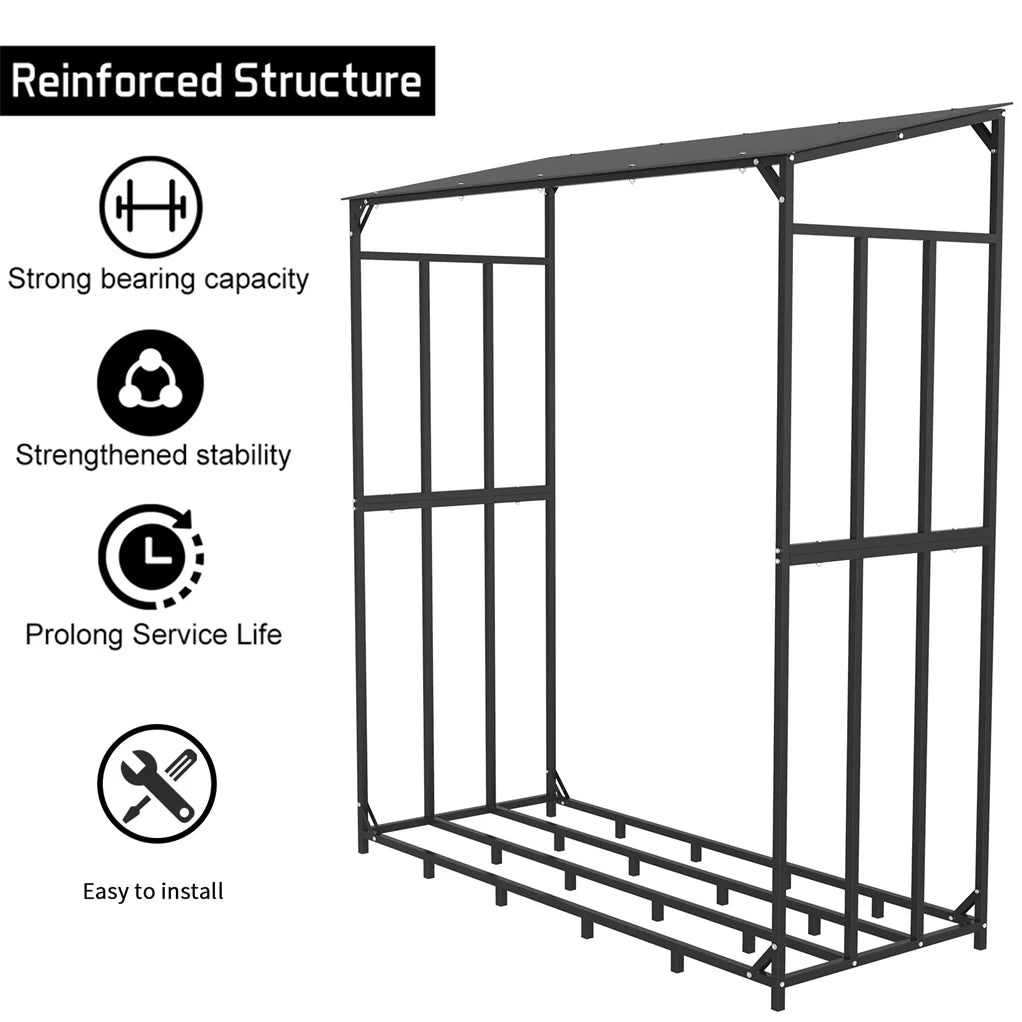 70" Outdoor Metal Log Store Stack Holder Wood Firewood Rack Garden Storage Shed with Waterproof Roof