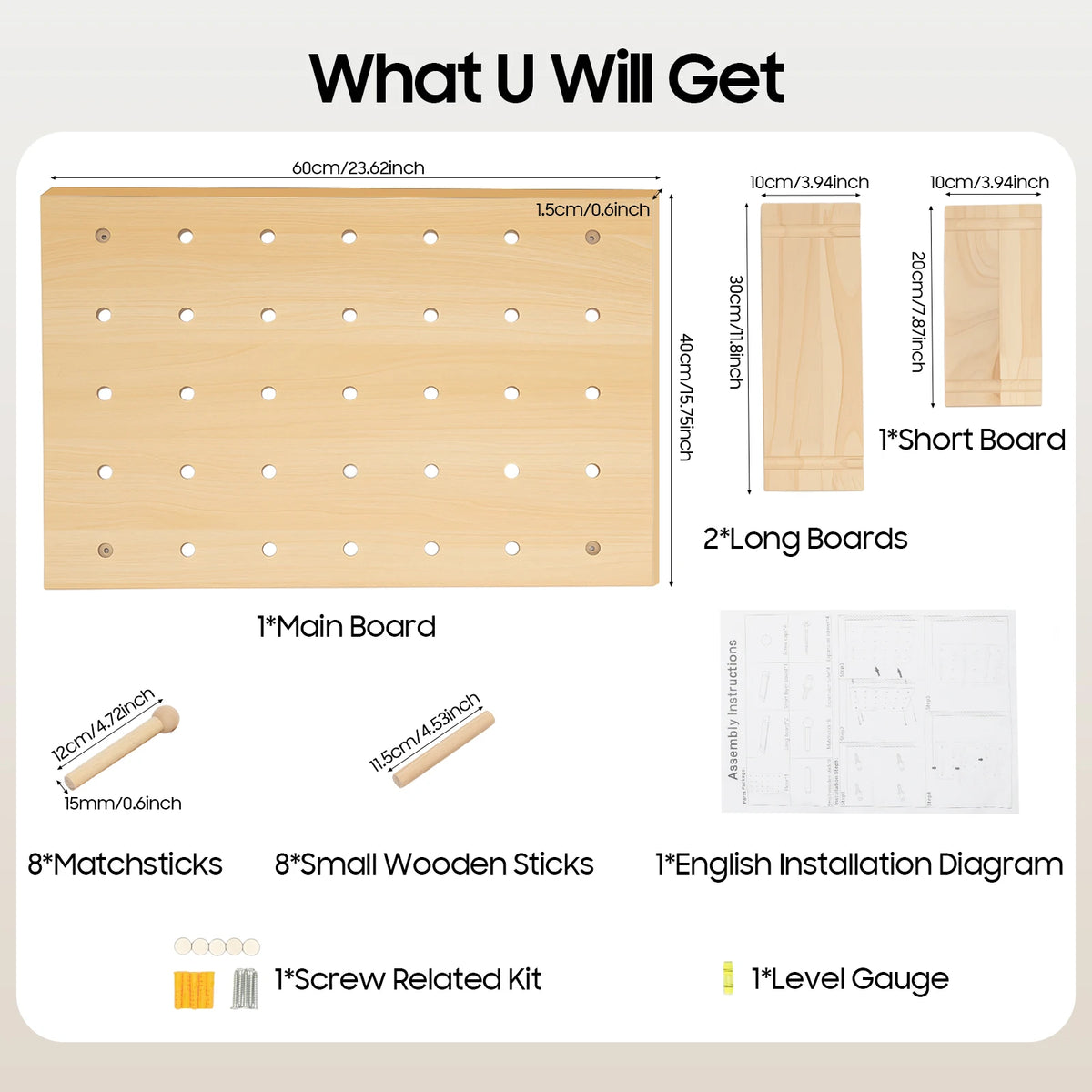 60*40cm Wooden Pegboard Set, Modular Display Pegboard Panel Kits, DIY Wood Nail Board For Home, Office, Garages