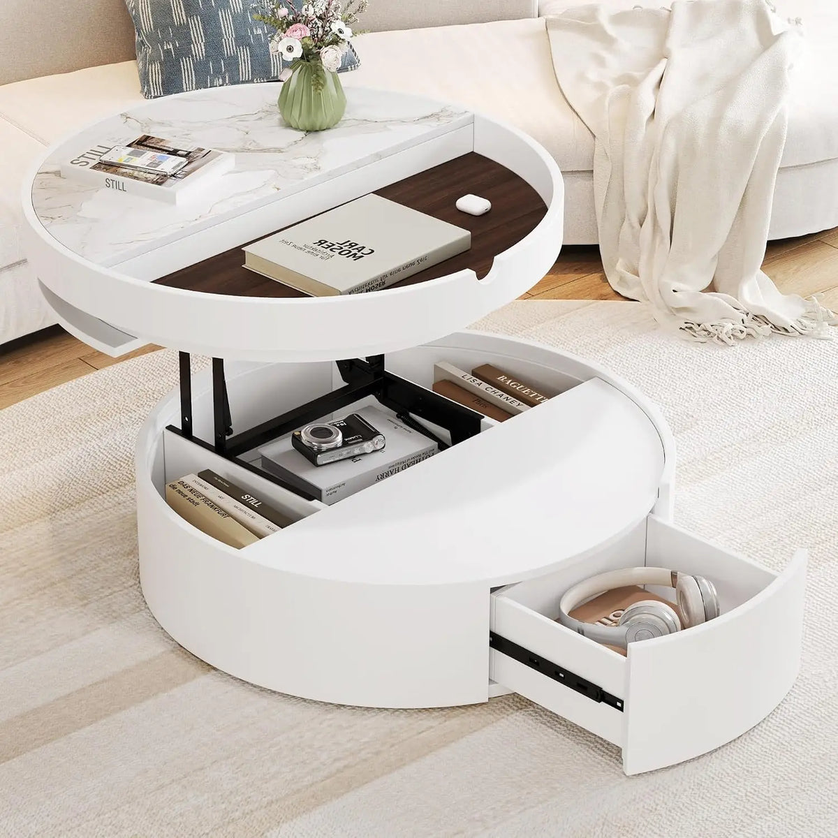 Modern Round Nesting Coffee Table with Marble Top, White & Gold Nesting Coffee Table Set of 2 Center Table with, Customized