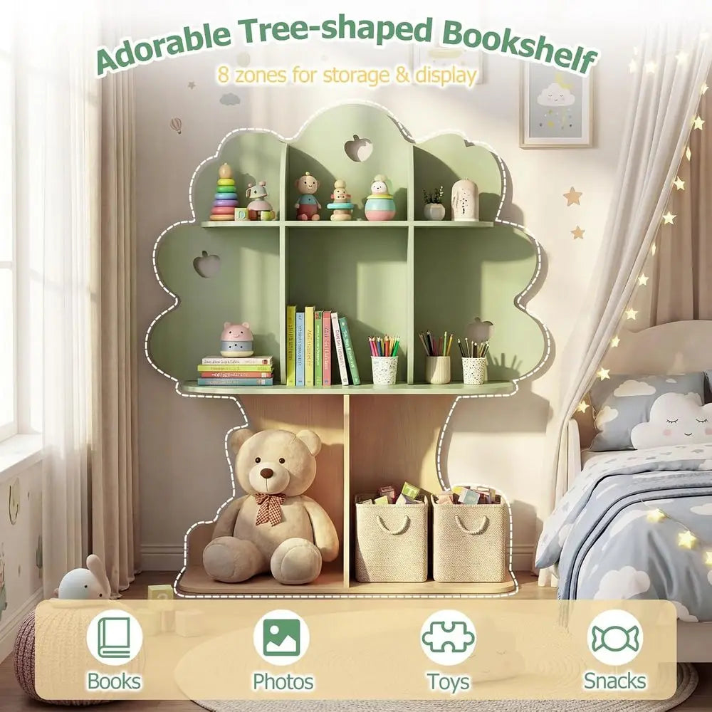 45" Kids Tree Bookshel, Toddler Bookcase w/Open Shelves, 3-Tier Toddler Montori Bookshel Toy Storage Organizer or Reading Nook,