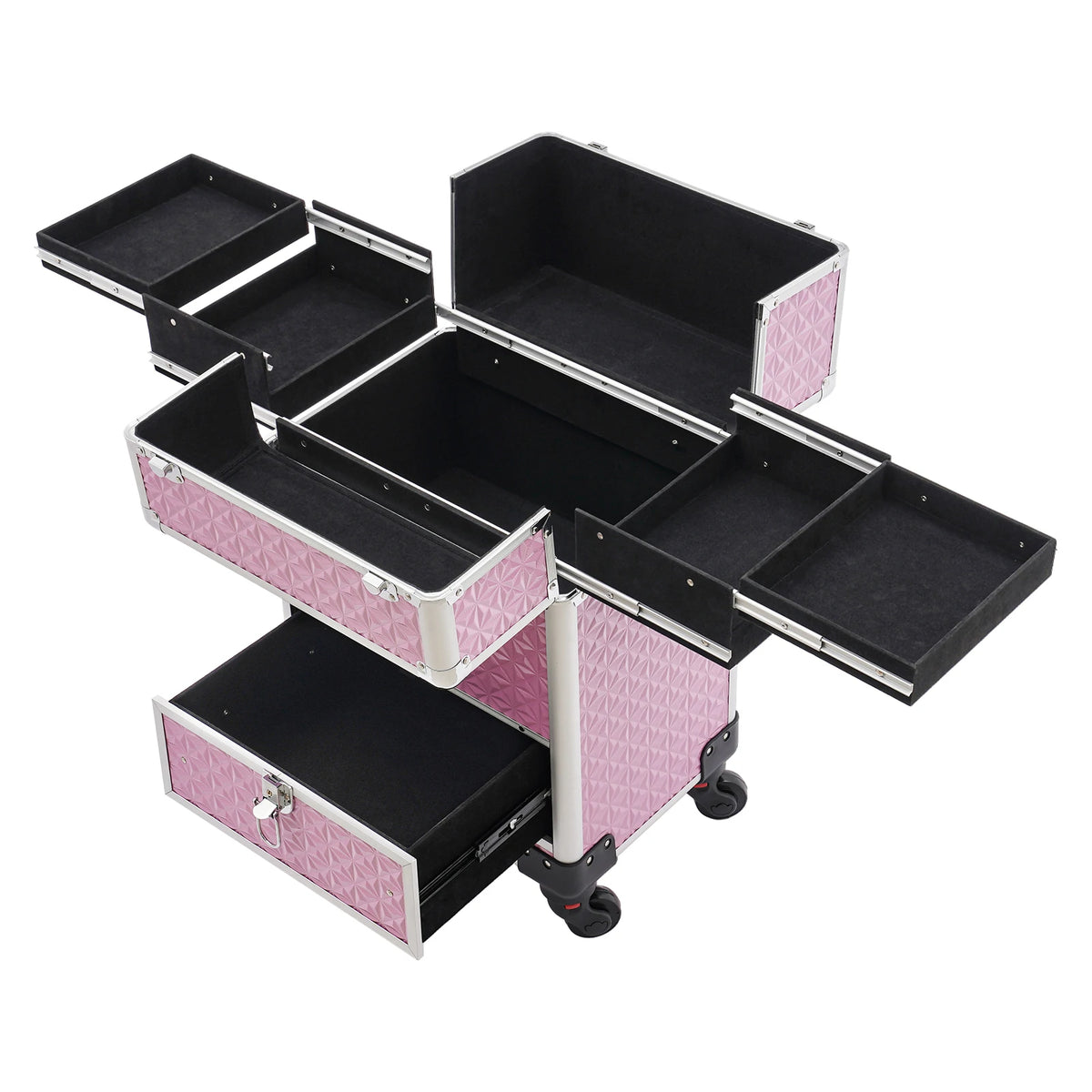 Makeup Trolley Pink Makeup Train Case With 7 Compartments Drawer Durable Aluminum Frame ABS Large Cosmetic Storage Box