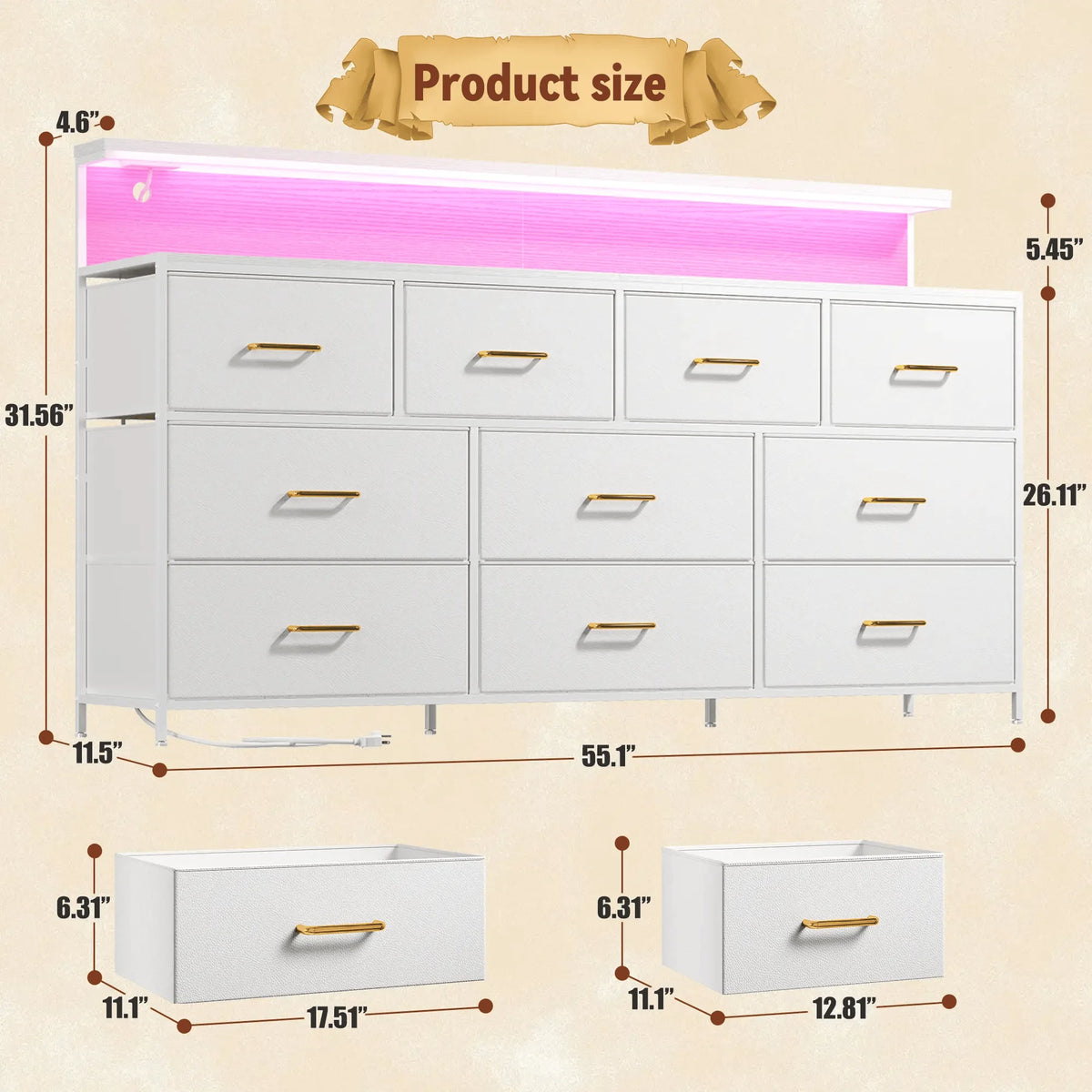 EnHomee 55" Multi-Function Dresser – 10 Spacious Fabric Drawers (Long Drawers), LED Lighting & AC Outlets, Metal Frame – For Bedroom or Hallway