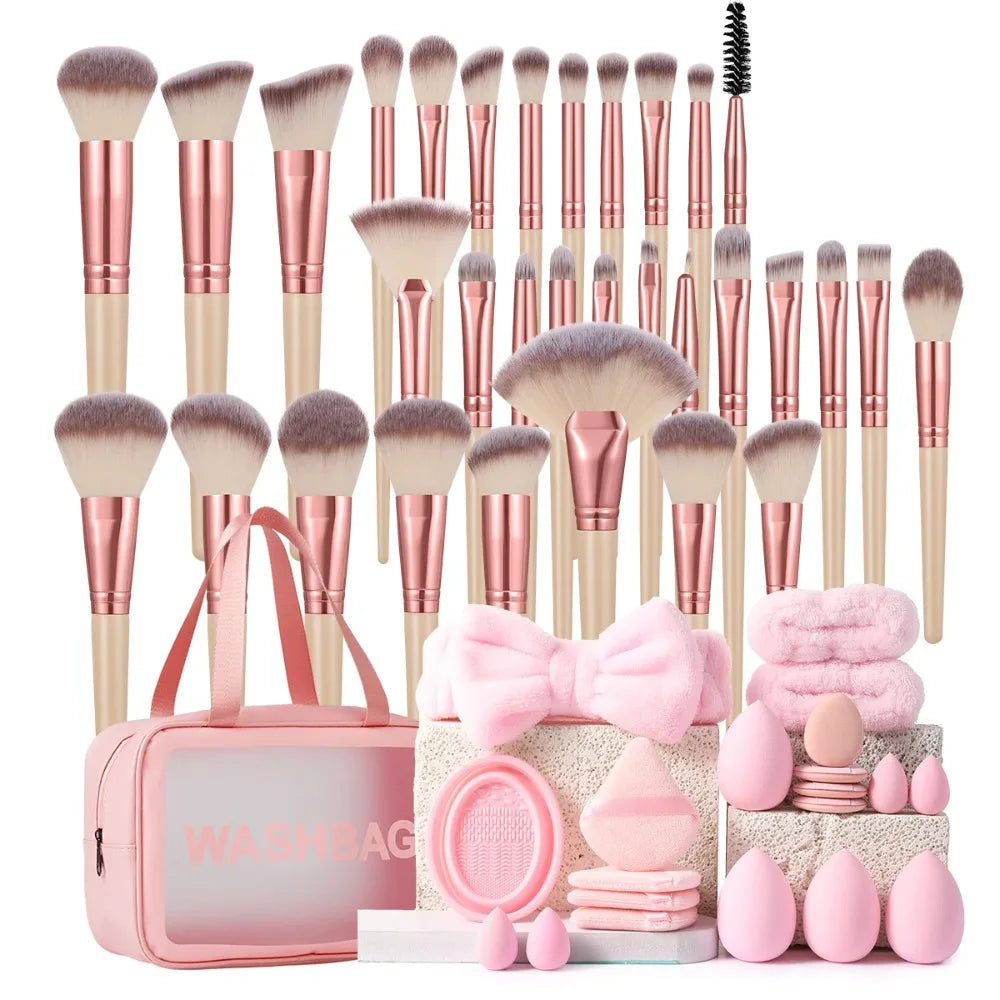 Complete Makeup Brush Set With Sponges And Powder Puffs