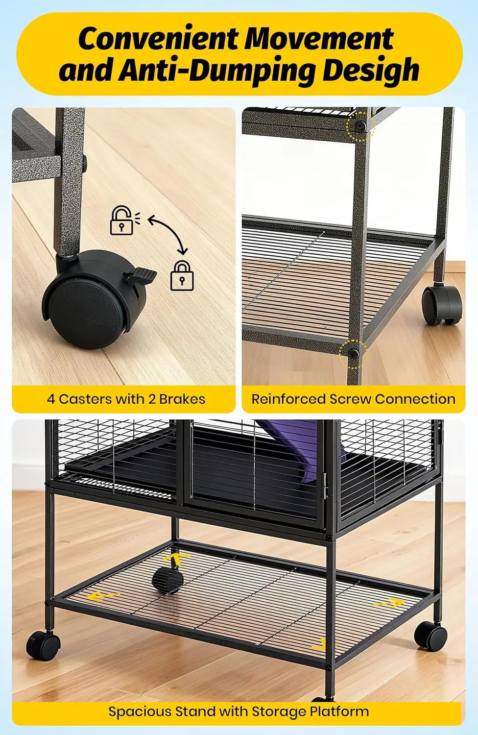 39" Multi-Level Metal Small Animal Cage – Large Ferret & Hamster Enclosure with Ramp, Storage Stand & Removable Tray for Chinchilla, Rabbit