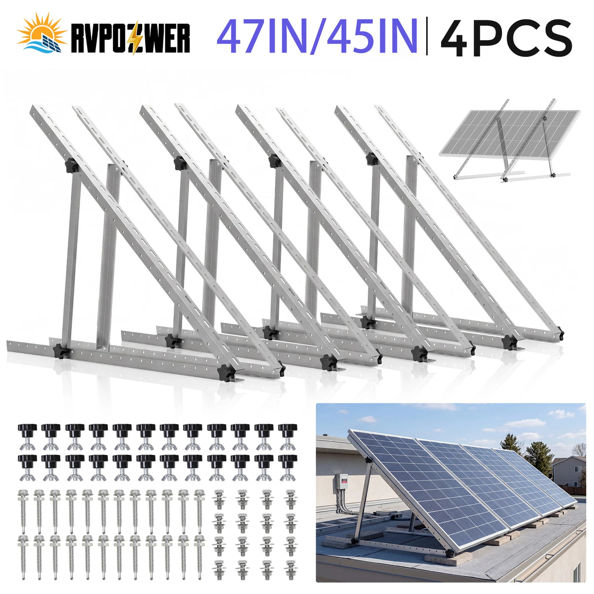 RVPOZWER 45in/47in 4PCS 2PCS 1PCS Adjustable Solar Panel Bracket Heavy‑Duty Tilt Legs Mount Stand for Roof RV Caravan Boat Off‑Grid Outdoor Solar Installation