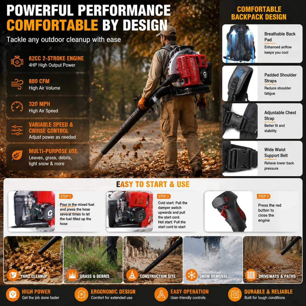 Gas Powered Backpack Leaf Blower With Variable Speed Cruise Control