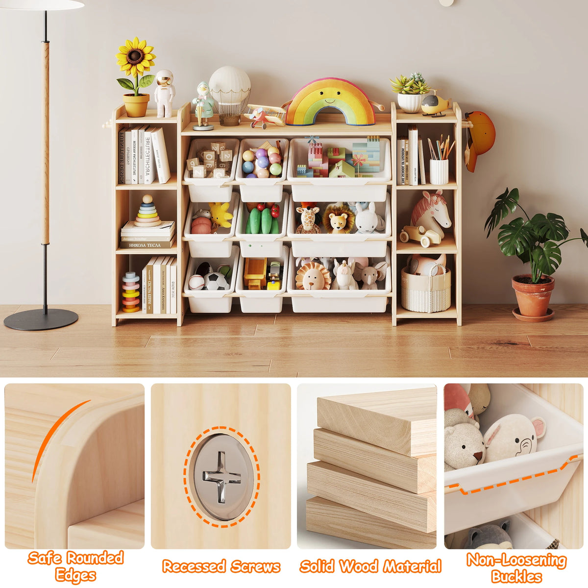 White Toy Storage Organizer with 6 Shelves 9 Bins & 6 Hooks Kids Bookshelf for Playroom Nursery Bedroom Toddler Room - Toy Organization Unit