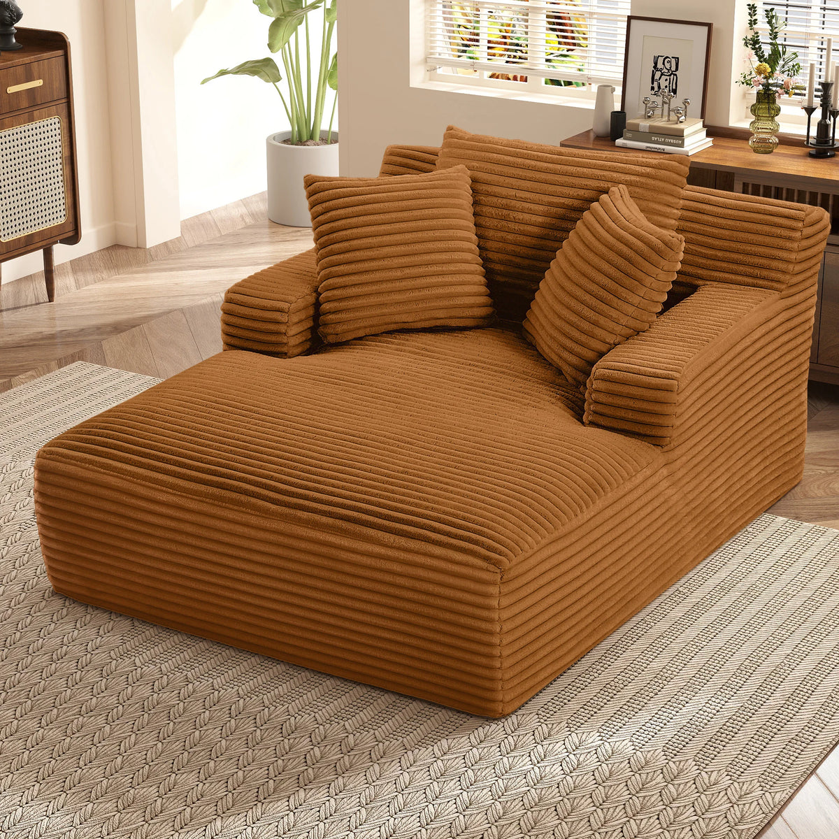 66" Oversized Chaise Lounge Chair Corduroy Oversized Boneless Couch Sofa Bed Reading Chair Sleeper Chaise with 3 Pillows, Blue