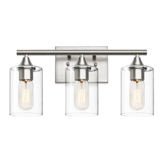 Three Light Brushed Nickel Bathroom Vanity Light With Clear Glass
