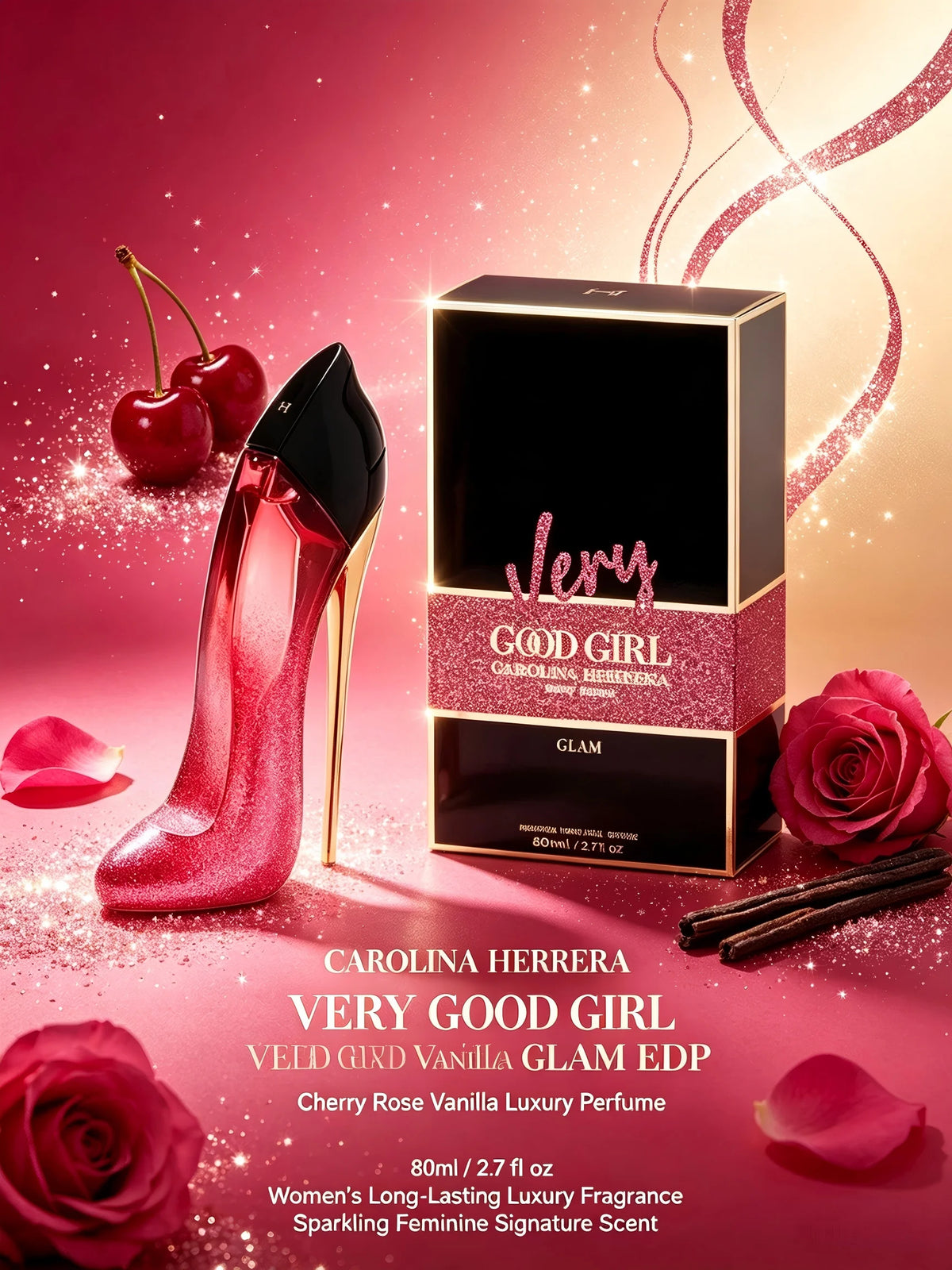 Carolina Herrera Very Good Girl Glam EDP 80ml 2.7 fl.oz Women Cherry Rose Vanilla Perfume Long Lasting Luxury Fragrance Sparkling Feminine Signature Scent Back to School Fall Fashion Halloween Christmas Holiday Gift Single Bo