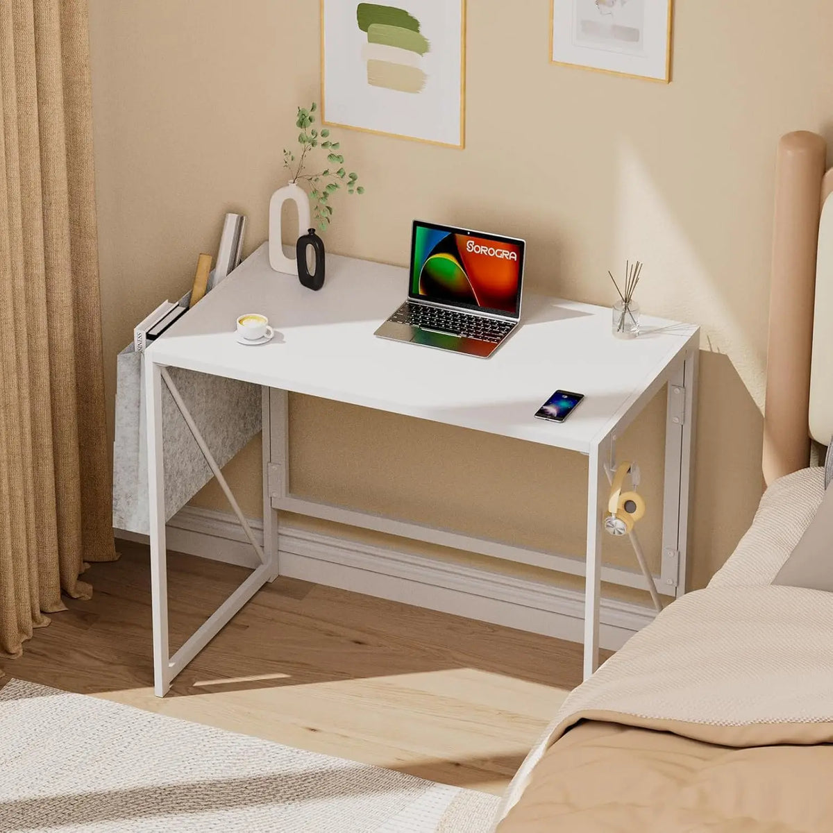 31.5" Folding Computer Desk Space-Saving Compact Home Office Writing Desk Side Storage Pocket & 2 Headphone Hooks Collapsible Computer Writing Table for Home Office, Bedroom, Balcony