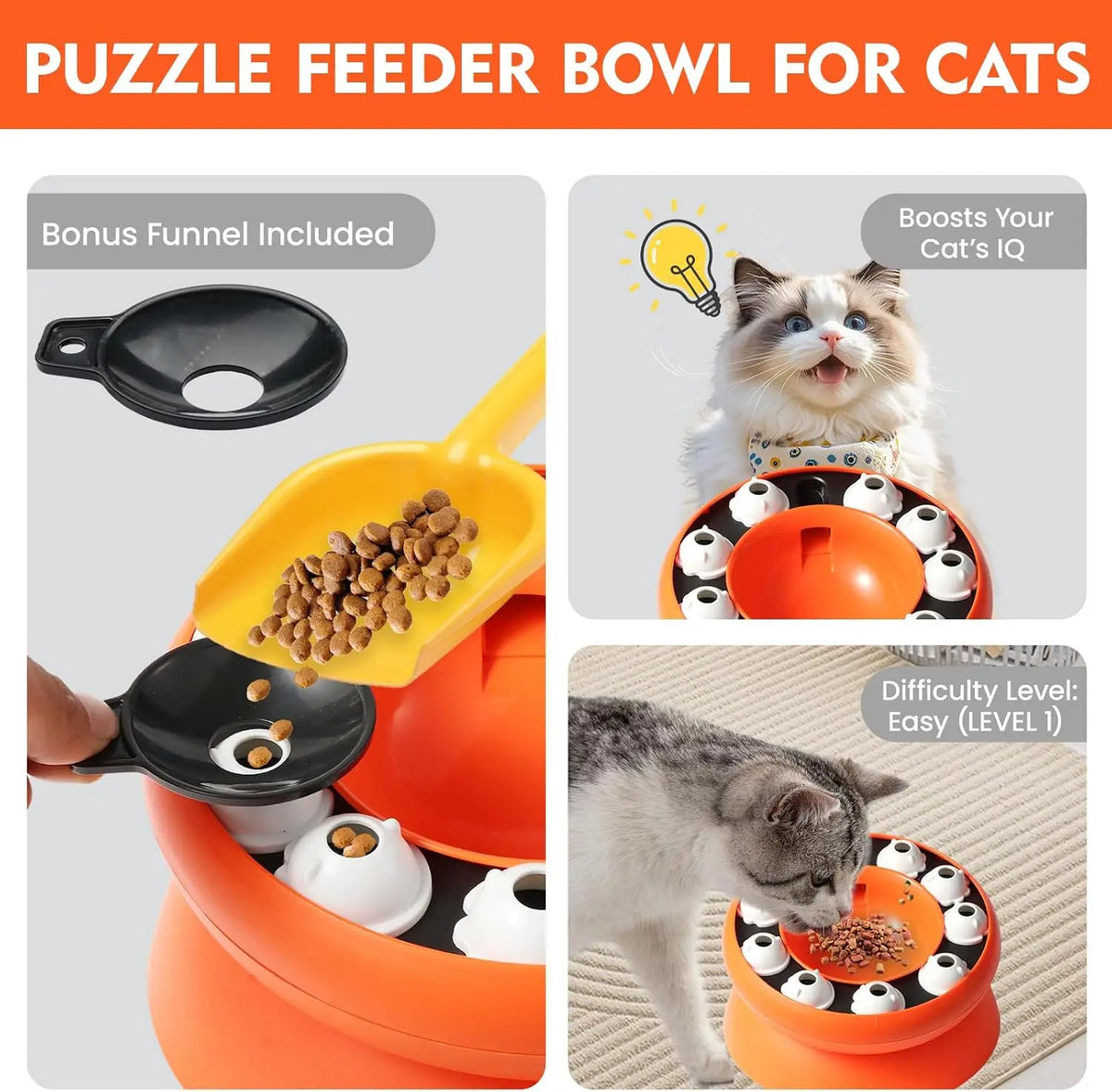 Cat Puzzle Feeder Toy, Interactive Foraging Treat Dispenser Slow Feeder Bowl for Indoor Cats Kittens, Mental Stimulation Boredom Relief Enrichment Feeding Toy, Orange