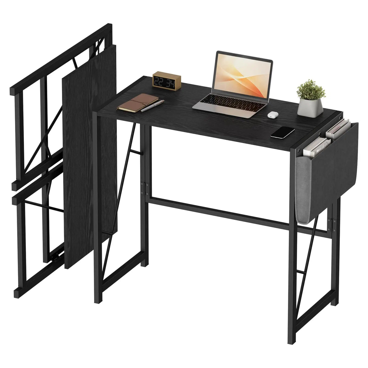 31.5" Folding Computer Desk Space-Saving Compact Home Office Writing Desk Side Storage Pocket & 2 Headphone Hooks Collapsible Computer Writing Table for Home Office, Bedroom, Balcony