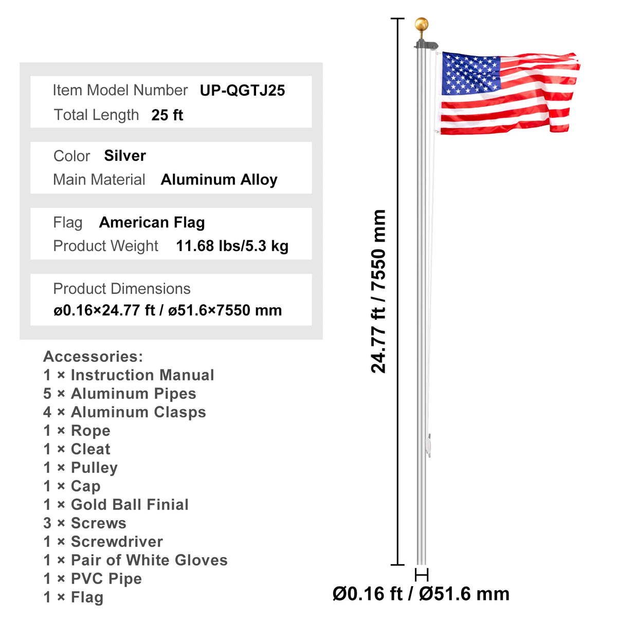 VEVOR Aluminum Flagpole Kit With American Flag For Yard