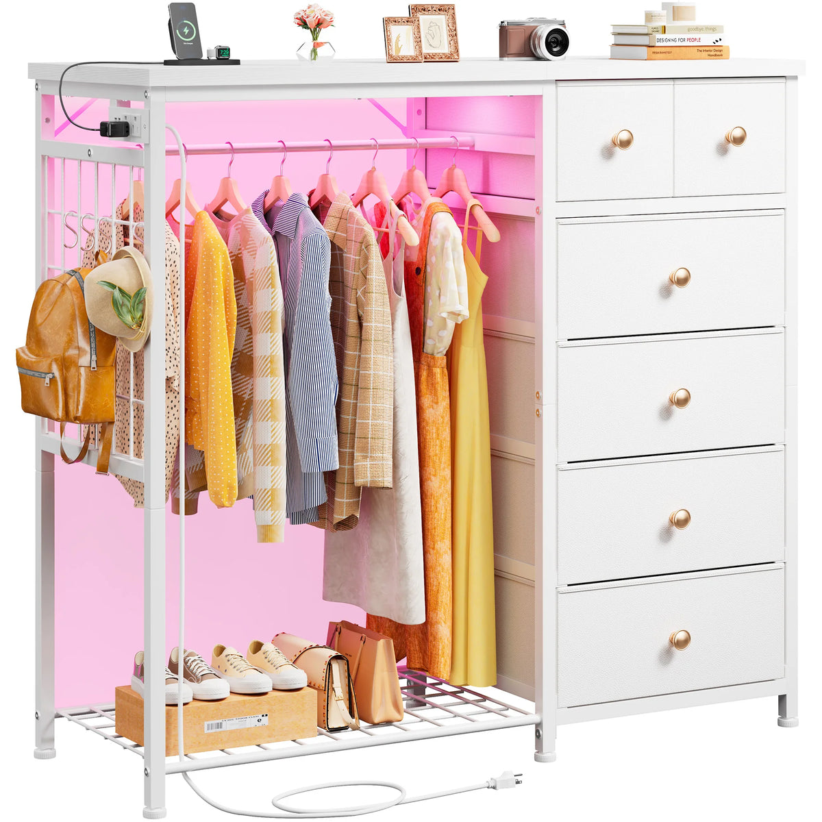 EnHomee 6-Drawer Fabric Dresser with Hanging Rack – 49.2"W, LED Lighting & Charging Station, Grid Panel plus 4 Hooks – For Bedroom or Entryway