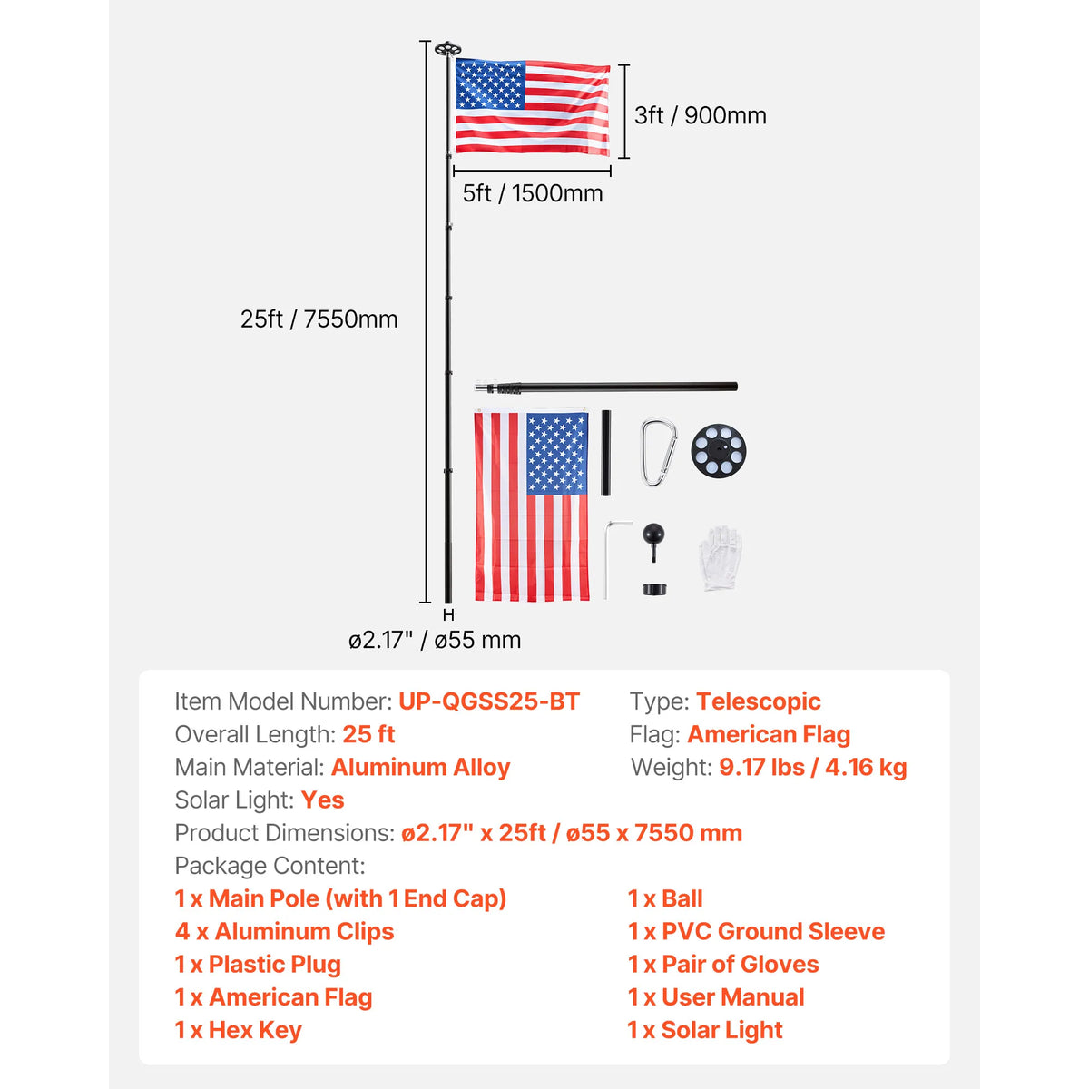 VEVOR Aluminum Flagpole Kit With American Flag For Yard