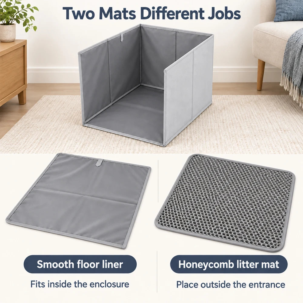Cat Litter Box Splash Guard Foldable Open Top Enclosure With Floor Liner And Honeycomb Litter Mat For Indoor Cats Easy Clean Litter Area