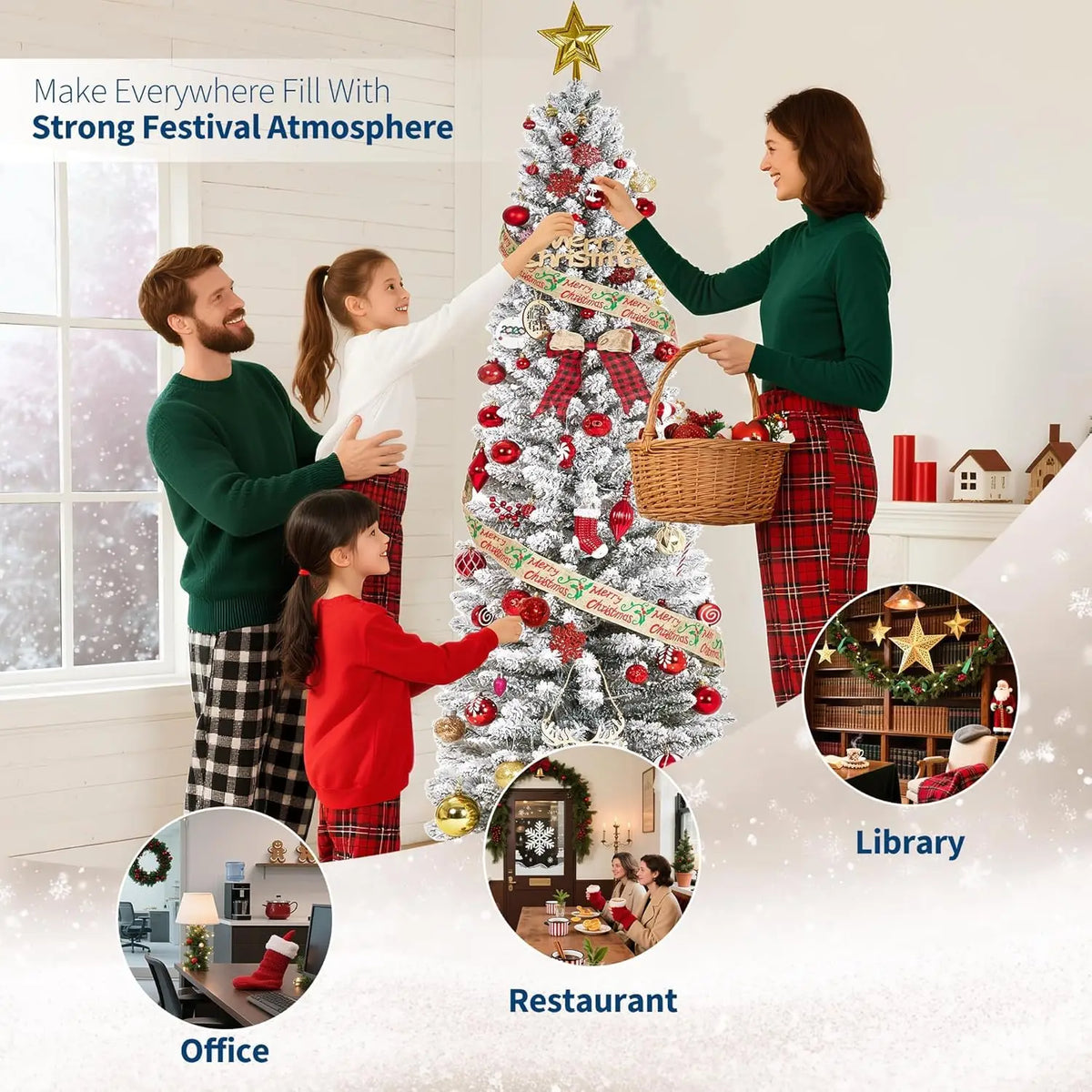 6/7.5ft Flocked Pencil Christmas Tree - Pre-lit Frosted Slim Artificial Tree, Space Saving Xmas Tree Holiday Decoration for Home, Full Prelighted Warm White LED Lights, Foldable Base, Easy Assembly