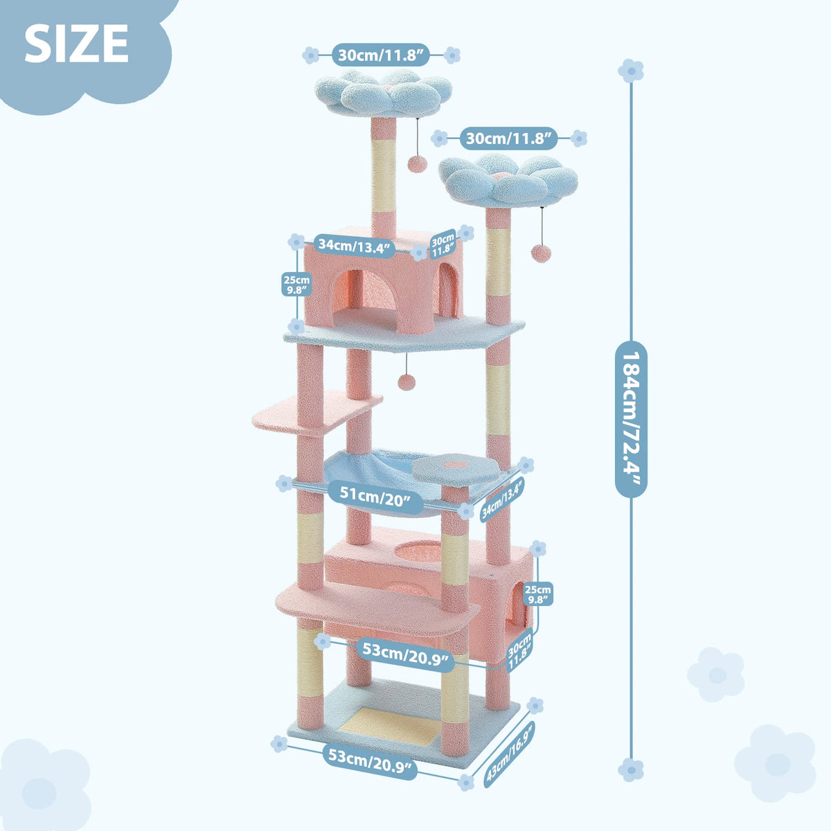 184cm Large Cat Tree Tower for Indoor Cats With Sisal-Covered Scratching Posts Spacious Hammock Padded Perches and Condos Blue